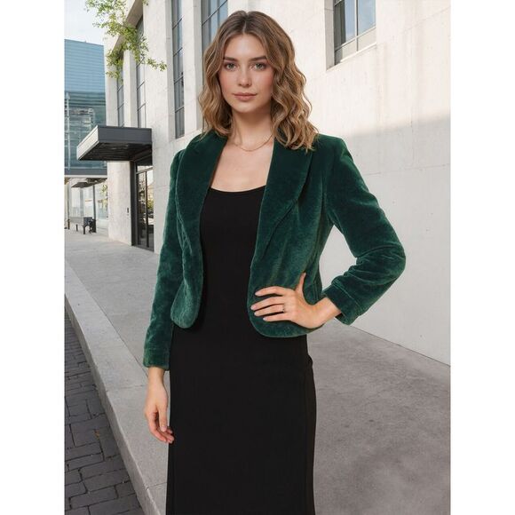 Winter Cropped Jacket Lapel Long Sleeve Faux Fur Fluffy Coat Green - Picture 2 of 5